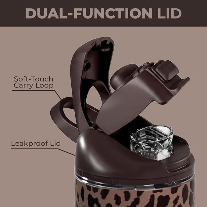 HydroJug Ease2o Water Bottle with Straw & Chug Lid, Stainless Steel, Vented Cap to Help Reduce Pressure, Water-Level Window, Cup Holder Friendly, Non-Slip Base – 40oz, Brown Leopard