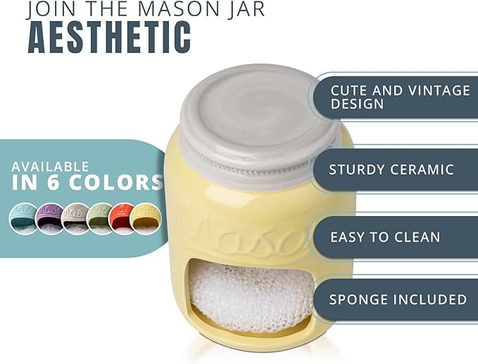 Comfify Ceramic Sponge Holder – Yellow Mason Jar Sink Caddy – Farmhouse Kitchen Accessory with Free Sponge