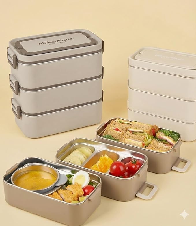 Bento Box Adult Lunch Box, Stackable 3-Layer 304 Stainless Steel for Adults, Office, 3L Capacity, Portable, Soup Bowl, Spoon & Fork, Metal Lunch Box, Tiffin