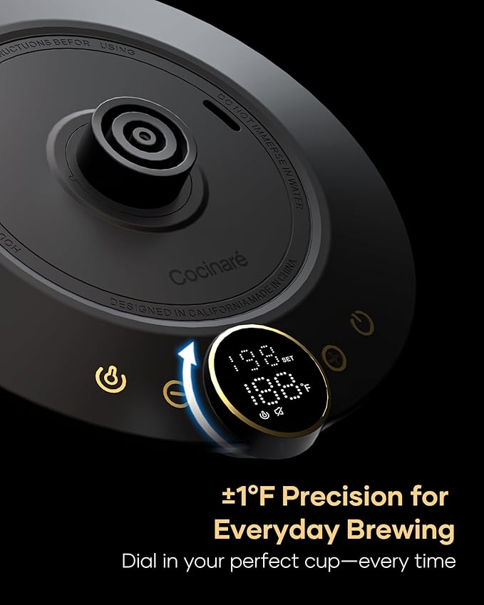 Cocinare Barista Collection Gooseneck Electric Kettle for Pour Over Coffee & Tea, ±1°F Temperature Control, 1500W Fast Heating, Keep Warm, Brew Timer, Stainless Steel Interior, 0.9L (Gustav Gold)