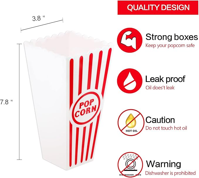 Novelty Place Plastic Red & White Striped Classic Popcorn Containers for Movie Night - 7.8" Tall x 3.8" Square (16 Pack)