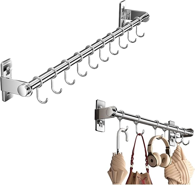 Hanging Wall Mount knife Wall Mount, Kitchen Organizer Storage Shelf for Utensils Spatula Spoon, Space-Saving Knife Rack with Hooks,Wall-Mounted Utensil Holder (Silver, 40CM+Single Pole+6Hooks)