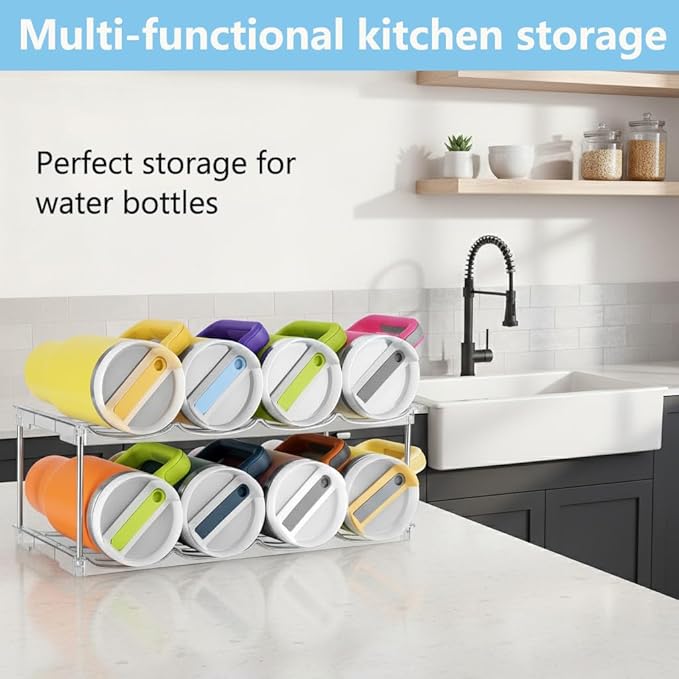 Stackable Water Bottle Organizer for Stanley 40 oz Tumbler, Larger Water Bottle Holder for Kitchen Cabinet, Pantry Organizers and Storage for Stanley Cup and Tumbler Organizer, Hold 12 Bottles