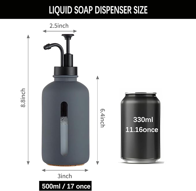 Enra Glass Soap Dispenser with Window, 17oz Dark Gray Stainless Steel Hand Pump for Bathroom Kitchen - Countertop Lotion Bottle (Dark Gray-Round-Liquid)