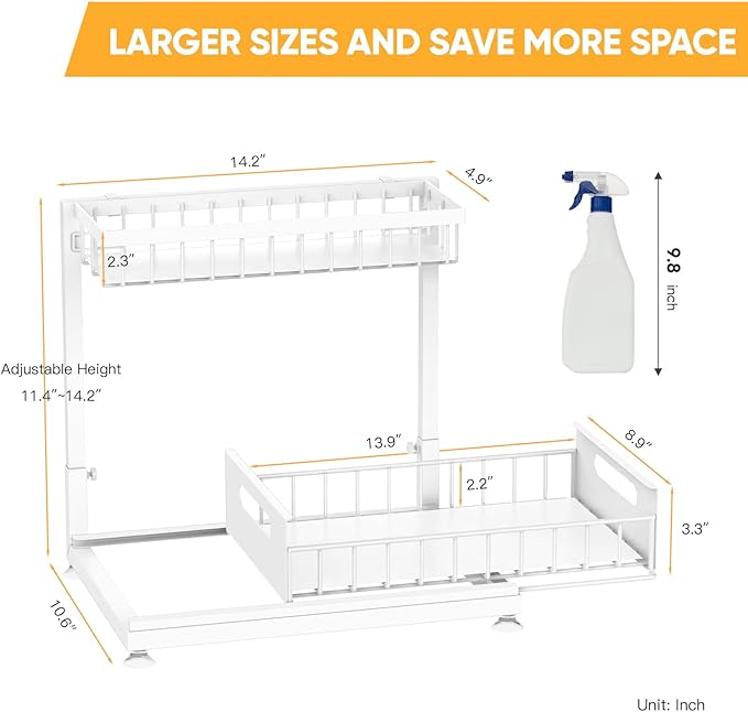 Saydear Under Sink Organizer Storage 2-Tier Premium Metal Pull-Out Kitchen Cabinet Organizer with Sliding Drawer, Height Adjustable, Heavy Duty for Kitchen & Bathroom Organizers 2 Pack White