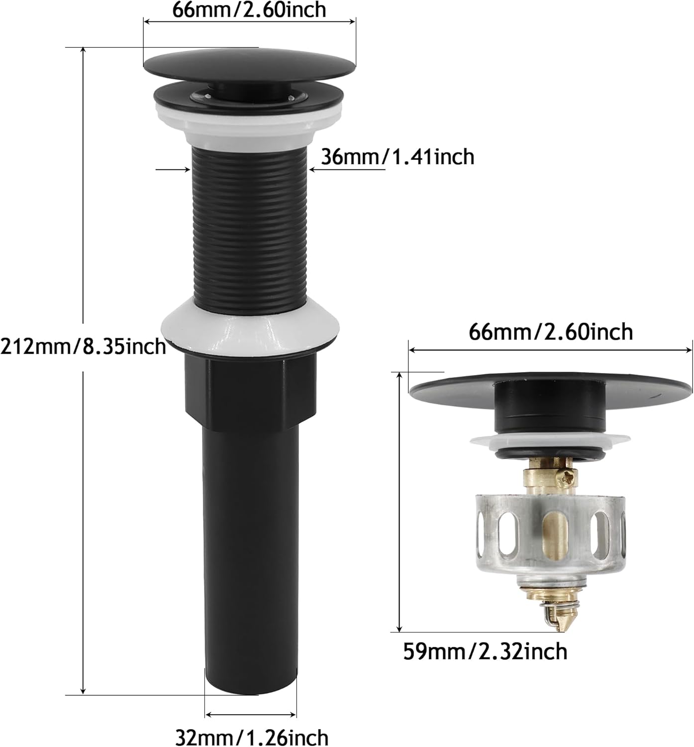 Bathroom Sink Drain,2 Pack Drain Stopper Without Overflow,Pop Up Drain Assembly with Detachable Strainer Basket,Built-in Anti-Clogging, Stainless Steel Nut Mattle Black