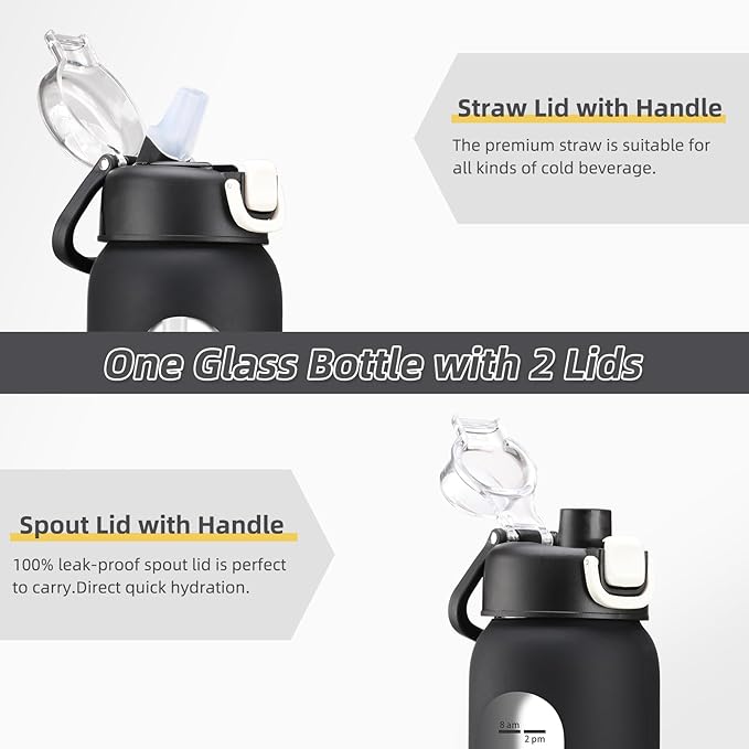 chunmo 24 oz Glass Water Bottles with 2 Lids-Handle Spout Lid & Straw Lid, Motivational Water Bottle with Time Marker and Silicone Sleeve,Leakproof-Black-1 Pack