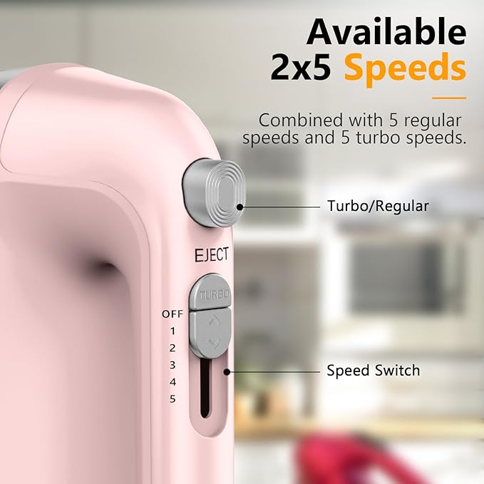 Hand Mixer Electric, 450W Kitchen Mixers with Scale Cup Storage Case, Turbo Boost/Self-Control Speed + 5 Speed + Eject Button + 5 Stainless Steel Accessories, For Easy Whipping Dough, Cream, Pink