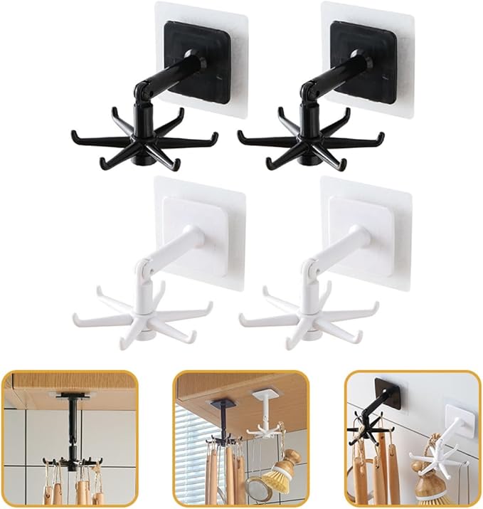 ARTIBETTER 4pcs Rotatable Kitchen Wall Hooks 360° Swivel Under Cabinet Hooks for Utensil Hanging, Black and White, Space-Saving Kitchen Storage Organizer