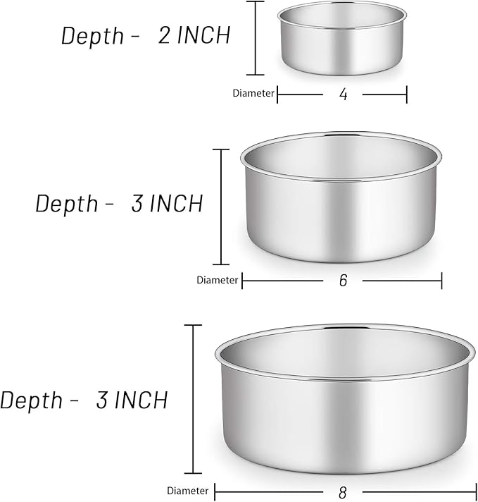 E-far Cake Pan Set of 3 (4’’/6’’/8), Deep Stainless Steel Round Cake Pans Tins for Wedding Birthday, Non-toxic & Dishwasher Safe, Mirror Finish & Straight Side