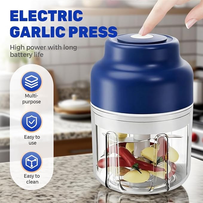 Electric Garlic Chopper, 2026 Upgraded Food Processor, USB Rechargeable Portable Wireless Veggie Chopper with 6 Stainless Steel Blades for Garlic Onion Chili Nuts Meat (blue, 320ml)