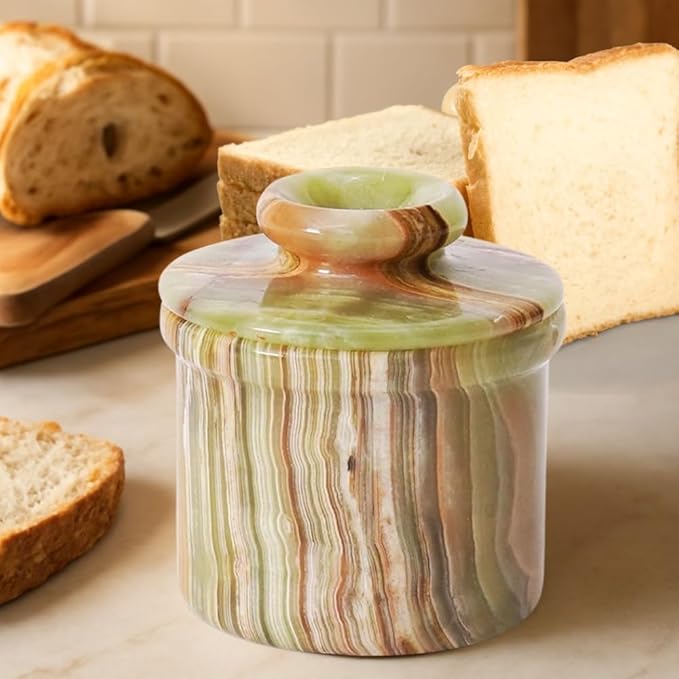 Marble Butter Keeper French Butter Dish Crock with Lid Handcrafted Green Onyx