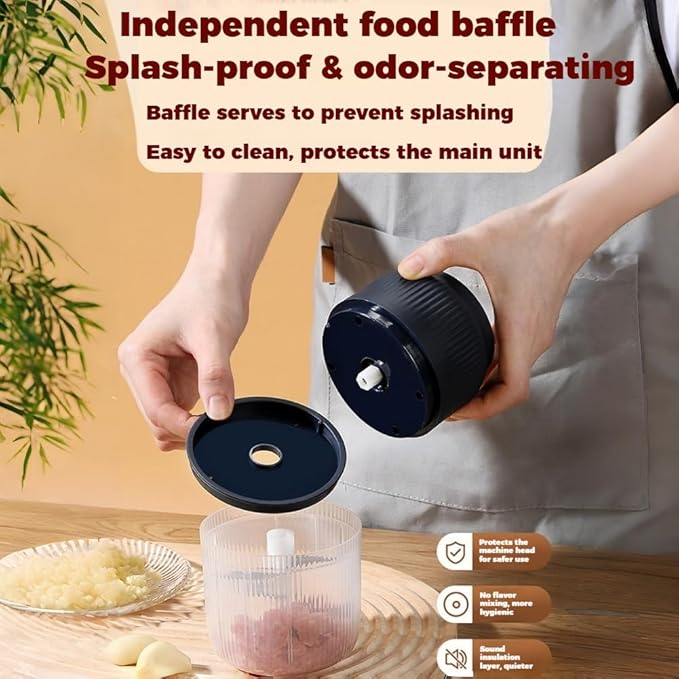 300ML USB Rechargeable Electric Garlic Chopper, Mini Portable Veggie Cutter with Eggbeater&4/6 Knife Heads, Veggie Chopper with Container and Lid, Vegetable Crusher (A)