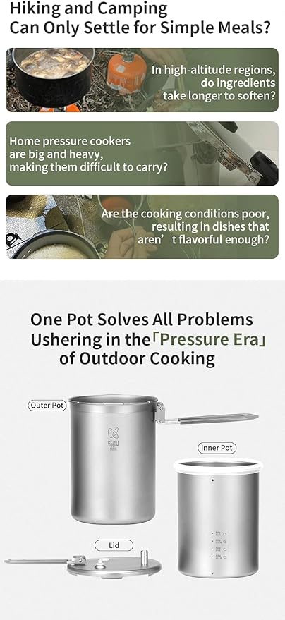 Keith Titanium Ti6302 Micro Pressure Cooker – Ultralight Multifunctional Outdoor Cooker for Rice, Soup & Meals – Based on Award-Winning Ti6300 – Pure Titanium – 900ml Inner + 1100ml Outer Pots