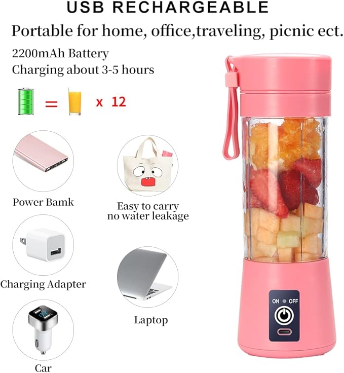 Portable Blender Cup,Electric USB Juicer,Mini Blender For Shakes and Smoothies, juice,380ml, Six Blades Great for Mixing,pink