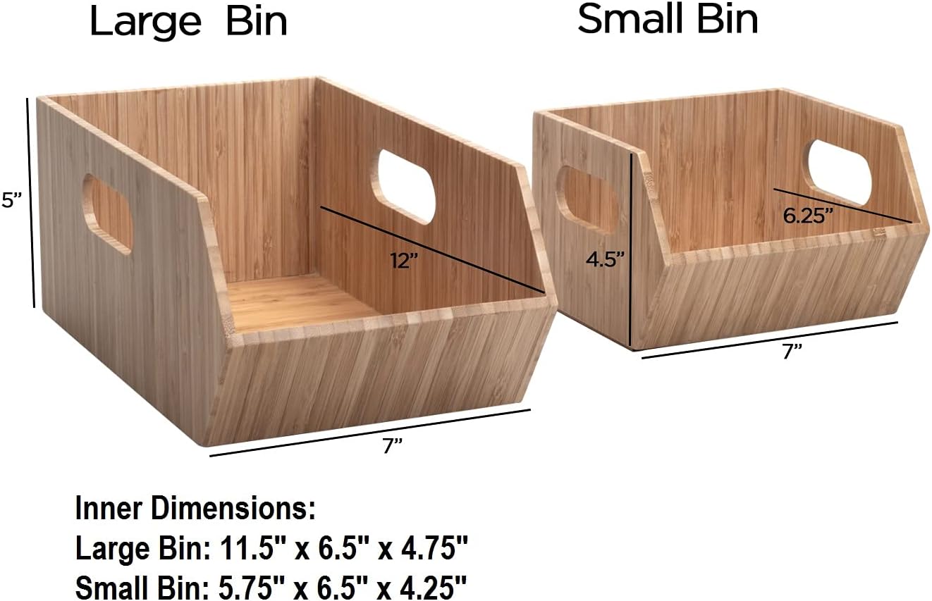 MobileVision Bamboo Storage Bins for Pantry & Kitchen Cabinet Organizer Multi-Purpose 2 PC Stackable Set for Canned Goods, Vegetables, Pouches, Boxed Meals & more