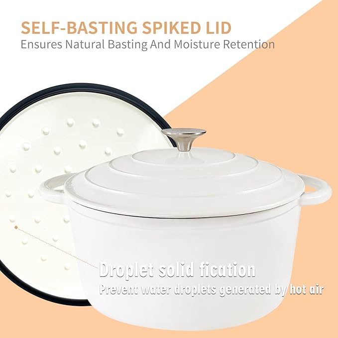 3 Quart Cast Iron Dutch Oven with Lid, Dual Handles Enameled Soup Pot, Heavy Duty and Oven Safe for Bread Baking, Braising, Cooking and Family Gifts, White