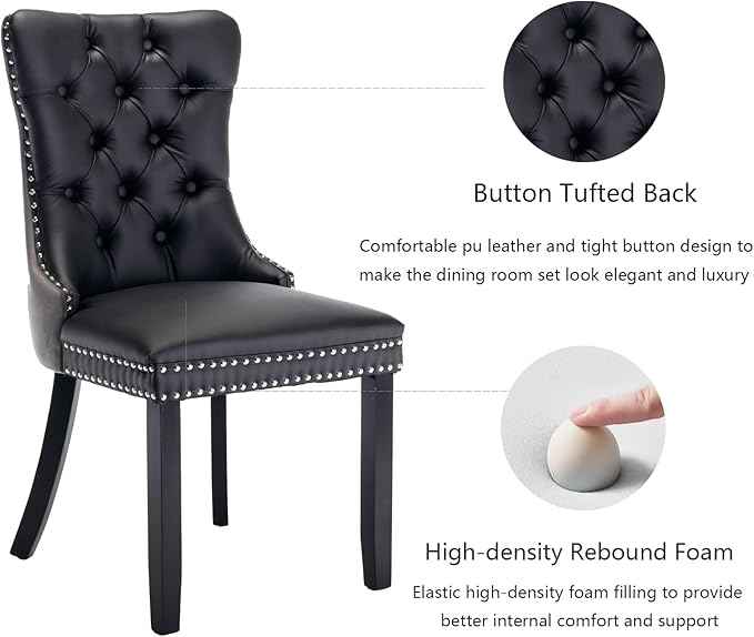 Dining Chairs Set of 4, Upholstered Dining Room Chairs with Back Ring Pull Trim and Solid Wood Legs, Modern Tufted Kitchen Chairs Perfect for Dining Room, Black Pu Leather Splicing Grey Velvet