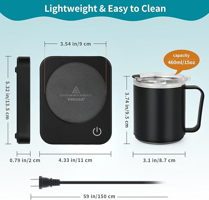 VOBAGA Coffee Mug Warmer & Mug Set for Desk - Auto Shut Off & 3 Heat Settings, Includes 15oz Stainless Steel Mug, Smart Coffee Cup Warmer, Home Office Essentials Coffee Set（Mug Included）