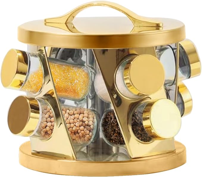 Portable Stainless Steel Spice Rack with 8 Spice Jars Included Revolving Spice Organizer for Kitchen Tower Storage Rack for Spices and Seasoning Gold