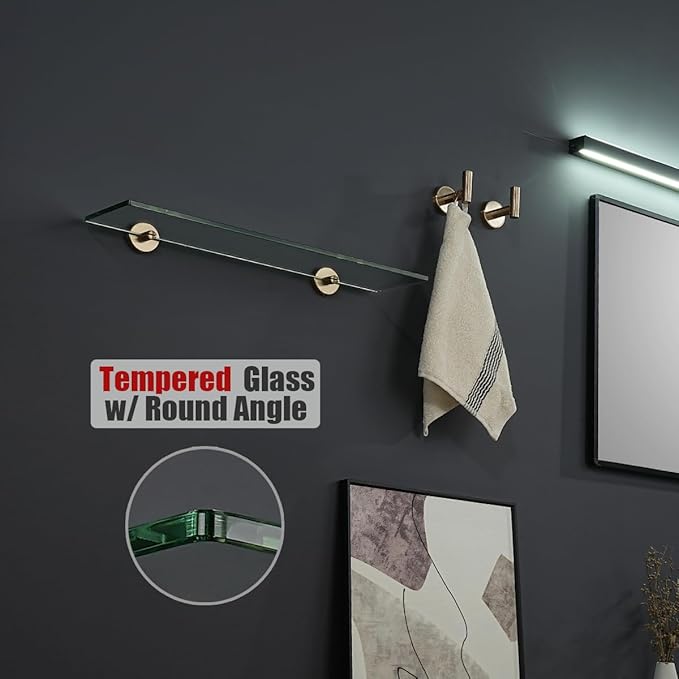 JQK Bathroom Glass Shelf, Tempered Glass Shower Storage 20 by 5 inches, 304 Stainless Steel Champagne Bronze Wall Mount, TGS101L20-CB