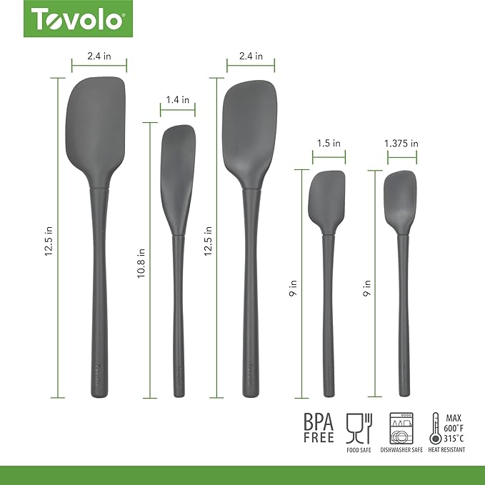 Tovolo Flex Core 5 Piece Silicone Spatula Set Heat Resistant All Silicone Utensils Include Non Stick Spatula Spoonula Jar Scraper, Dishwasher Safe BPA Free Spatulas for Baking Mixing, Charcoal Gray