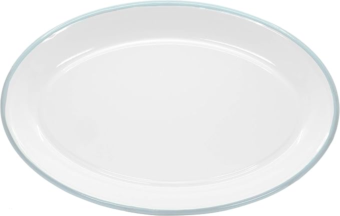 Red Co. Enamelware Metal Classic 13" Serving Oval Tray Platter, Solid White/Teal Rim