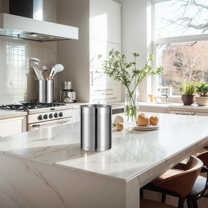 KSENDALO Stainless Steel Utensil Holder for Counter, Brushed Metal Utensil Crock Canister for Cooking Utensils on Countertop, with Heavy Base, Dishwasher Safe,Silver