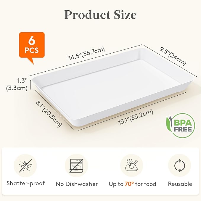 Lifewit Serving Tray Plastic for Party Supplies, 15" x 10" Platters for Serving Food, 6 pcs White Reusable Tray for Veggie, Snack, Fruit, Cookies, Desserts in Kitchen/Pantry Organization