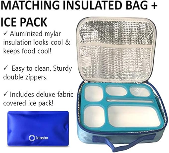 kinsho Lunch Boxes for Kids Boys Teens - Bento Box Set with Insulated Bag and Ice Pack, 6 Compartment Leak Proof Food Container, BPA-Free, Microwave Safe, Ideal for School & Work, Blue