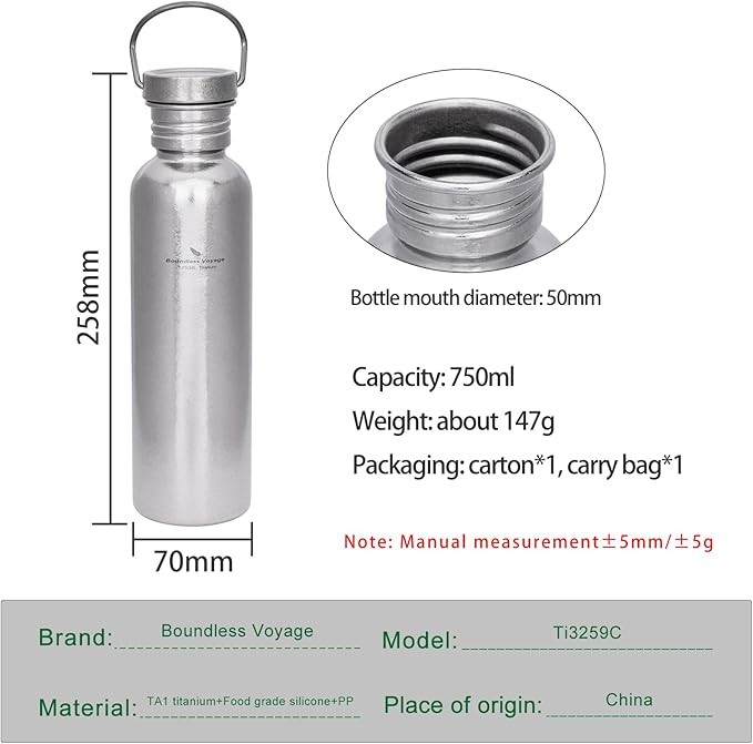 Boundless Voyage Titanium Water Bottle with Lid Wide Mouth Leak-Proof Reusable Sport Drinking Bottle for Camping Hiking Picnic Climbing Running Tea Coffee (750ml-glossy)