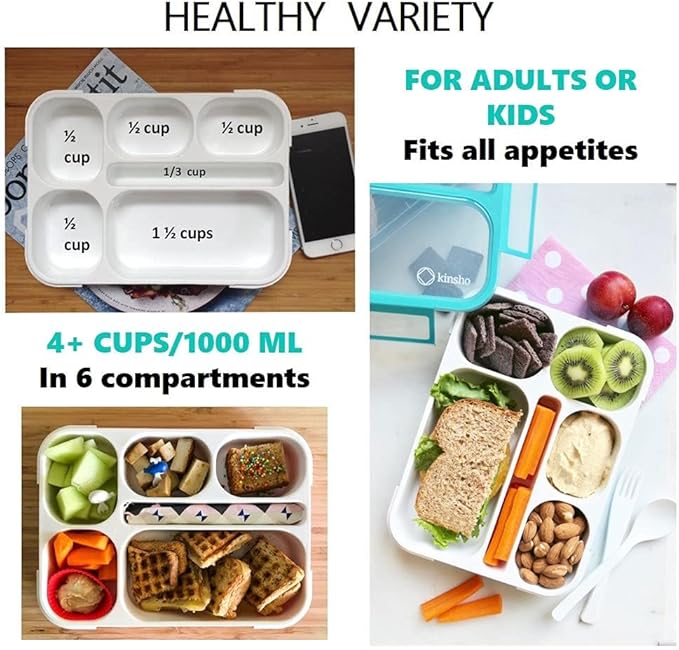 kinsho Lunch Box for Kids Boys Girls - Bento Box Set with Insulated Bag and Ice Pack, 6 Compartment Leak Proof Food Container, BPA-Free, Microwave Safe, Ideal for School & Work, Teal