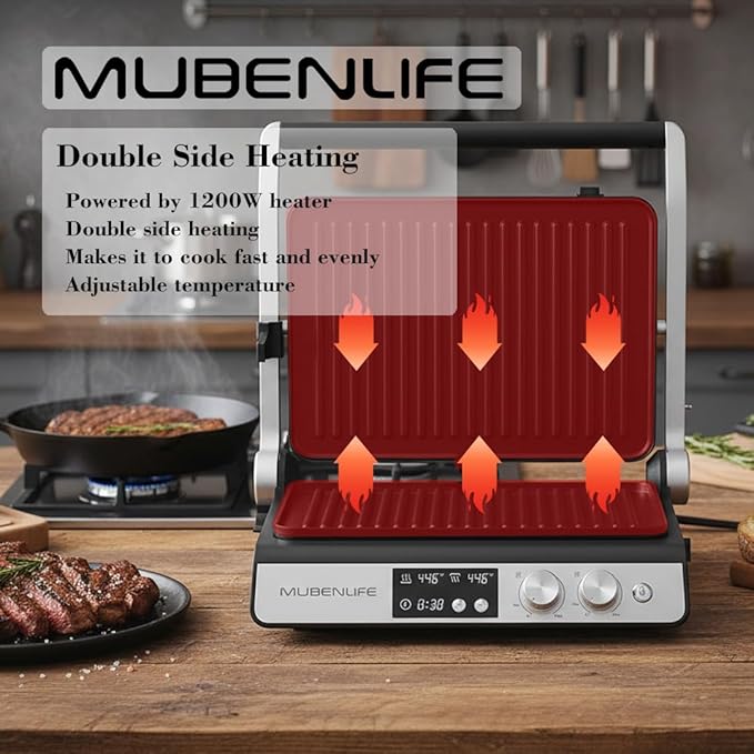 Panini Press,4 Slices Contact Grill with Removable Non-Stick Coated Grill and Flat Plates,Panini Makers with Temperature Control and Timer,Open 180 Degrees,Grill and Griddle (Half black with digital)