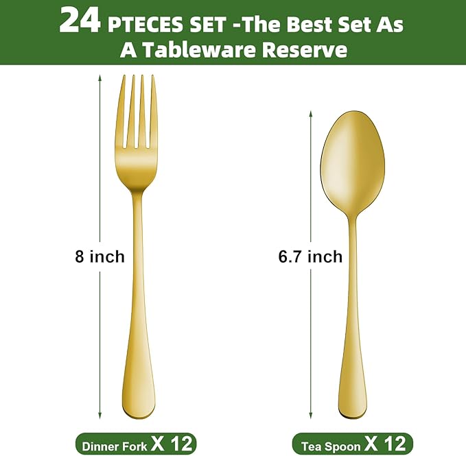 24 Pcs Gold Forks and Spoons Silverware Set, Food Grade Stainless Steel Flatware Cutlery Set for Kitchen and Restaurant, 12 Dinner Fork(8") and 12 Teaspoon(6.7"), Mirror Polished, Dishwasher Safe