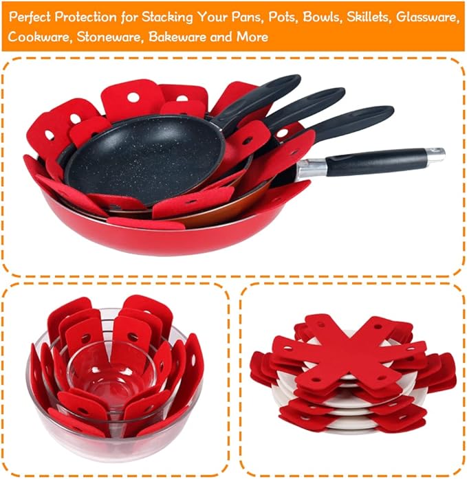 BYKITCHEN Pot Pan Protectors, Larger & Thicker Stacking Pot Protectors, Set of 8 and 4 Different Sizes, Pan Separator Pads for Stacking and Protecting Your Cookware(10/12/14/16inch)