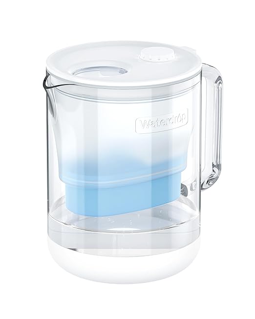 Waterdrop PT-72C-A Glass Alkaline Water Filter Pitcher, 7-Cup, Eco-Friendly, Enhances Alkaline Water, for Home & Office, Reduces PFOA/PFOS, Chlorine, Cadmium, Copper & Mercury, Clear