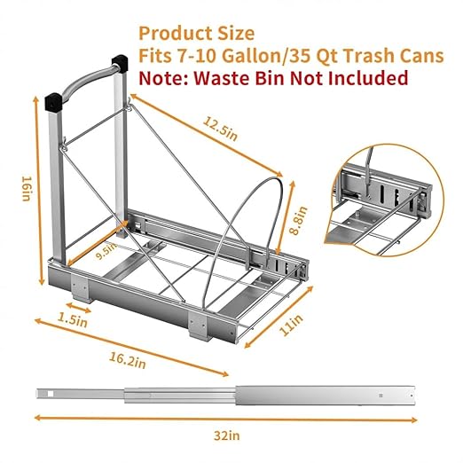 Adjustable Under Cabinet Trash Can Organizer with Soft Close Rail - Heavy Duty Silver Steel Under Sink Pull-Out Organizer, Fits 7-13 Gallon, Up to 125 lbs Capacity (Trash Can Not Included)