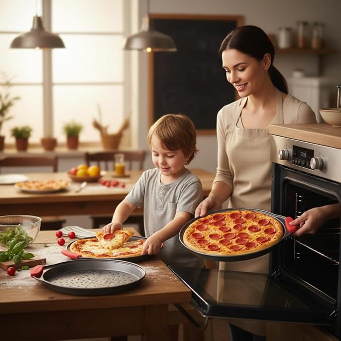 NutriChef 3-Piece Pizza Tray Set with Silicone Handles - Round Nonstick Pizza Pan with Perforated Holes, Durable Carbon Steel, Small, Medium, Large Sizes - Ideal for Crispy, Evenly Baked Pizzas (Gray)