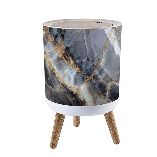 Trash Can with Lid White Yellow Patterned Detail Structure Gray Marble Texture Press Top Round Small Garbage Bin with Wooden Legs Waste Basket for Kitchen Bedroom Nursery 7L/1.8 Gallon