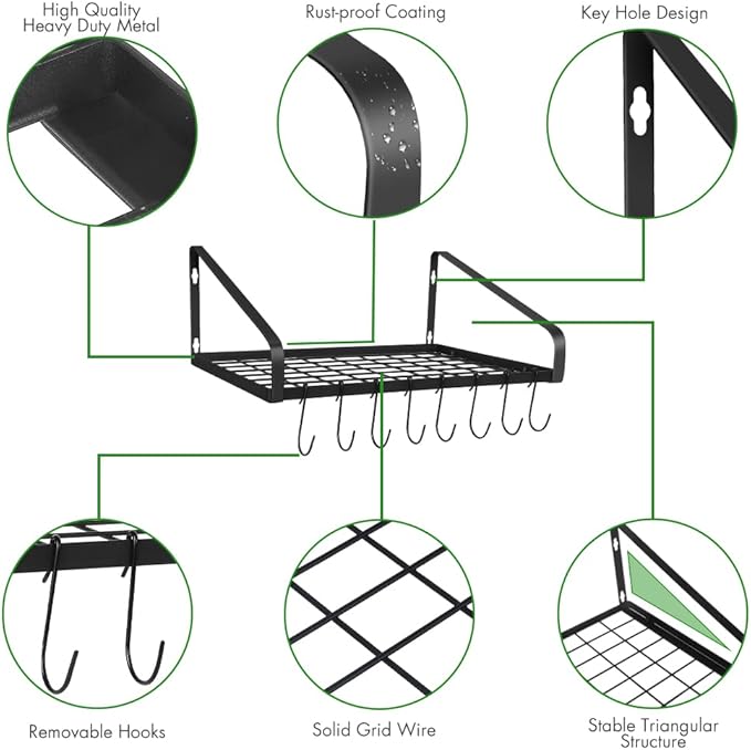 Felibeaco Hanging Pots & Pans Rack,Wall Mounted Pots Pans Organizer Holder Rack with 8 Hooks, Kitchen Wall Storage Organizer Hanger Shelves for Pans Set, Utensils, Cookware, Books, Household,Black