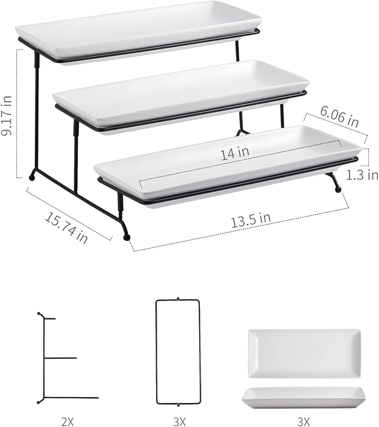Gomakren 3 Tier Serving Trays Stand 14 Inches Serving Platters Rectangular Large Serving Plates for Party Display Set Collapsible Sturdier Rack, White Serving Trays and Platters