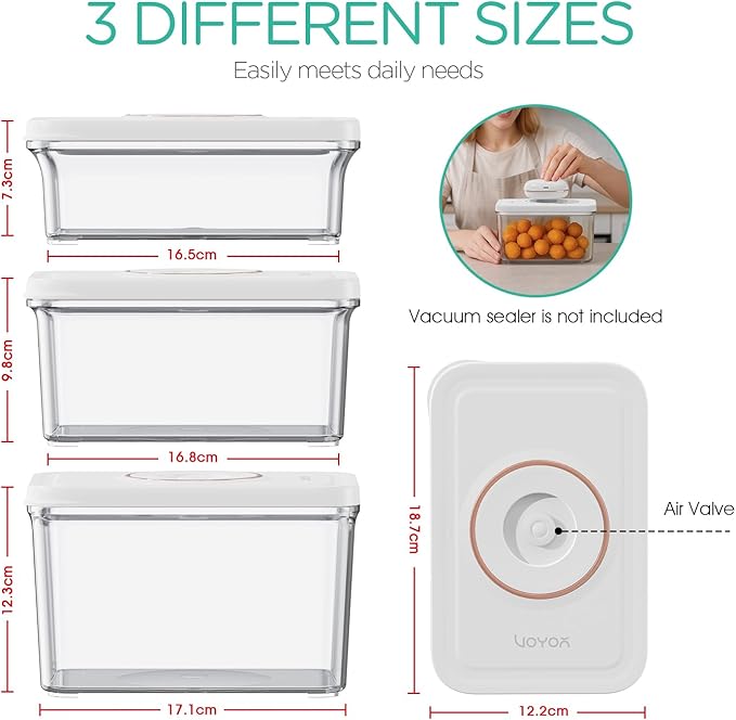 VOYOR 3-Pack Vacuum Containers for Food Storage (S/M/L) – No Machine Included, ABS, Reusable, Rectangular, Airtight, Refrigerator Organization VS310