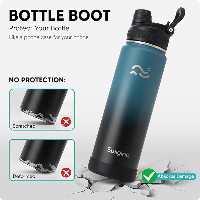 Swigina [2-IN-1 LID] Insulated Water Bottle with Silicone Boot (36hrs Cold/18hrs Hot) - DIY Stickers, Leakproof, BPA Free, 24 oz