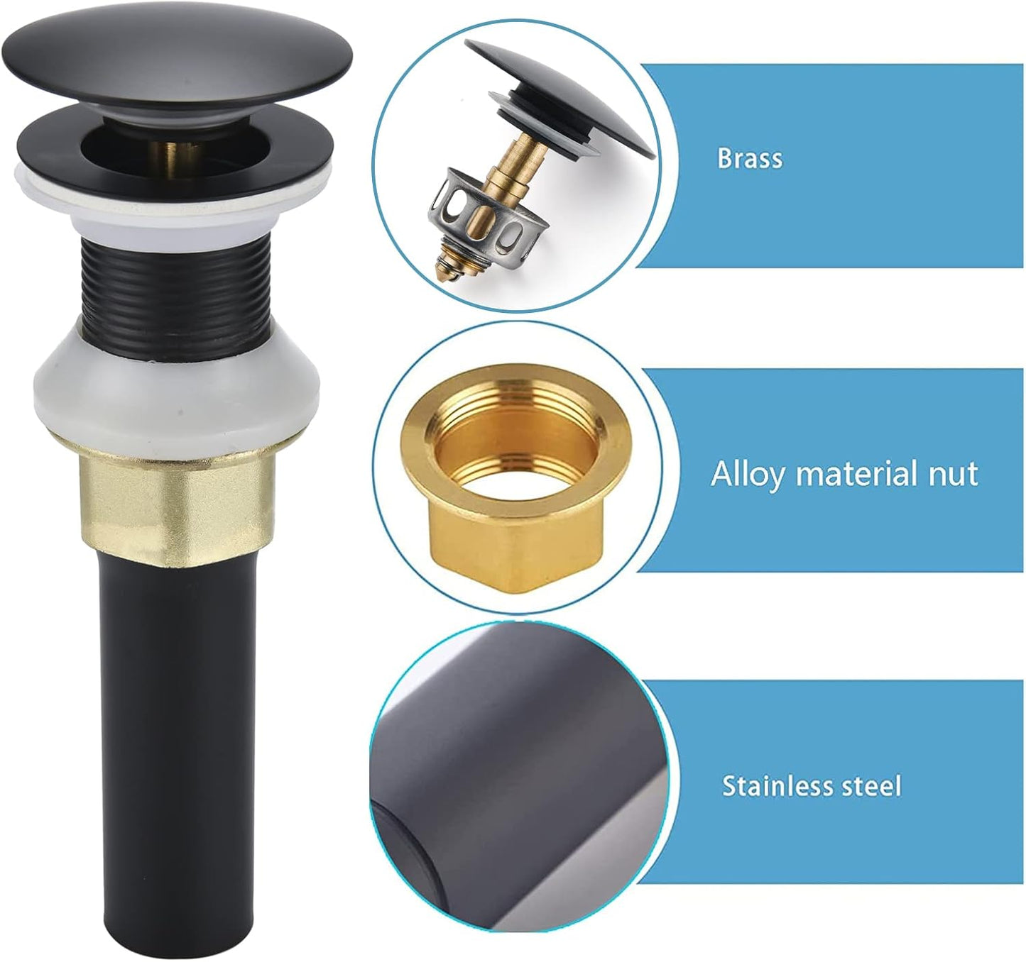 Bathroom Sink Drain,Drain Stopper Bathroom Sink Without Overflow,Pop Up Drain Assembly with Detachable Strainer Basket,Built-in Anti-Clogging Strainer,Stainless Steel Mattle Black