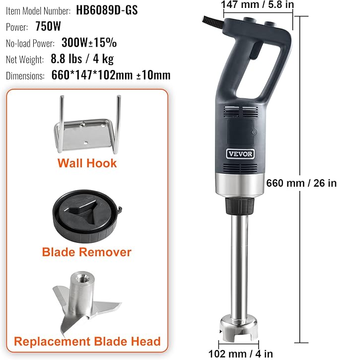 VEVOR Commercial Immersion Blender, 750W 12" Heavy Duty Hand Mixer, Variable Speed Kitchen Stick Mixer with 304 Stainless Steel Blade, Multi-Purpose Blender for Soup, Smoothie, Puree, Baby Food