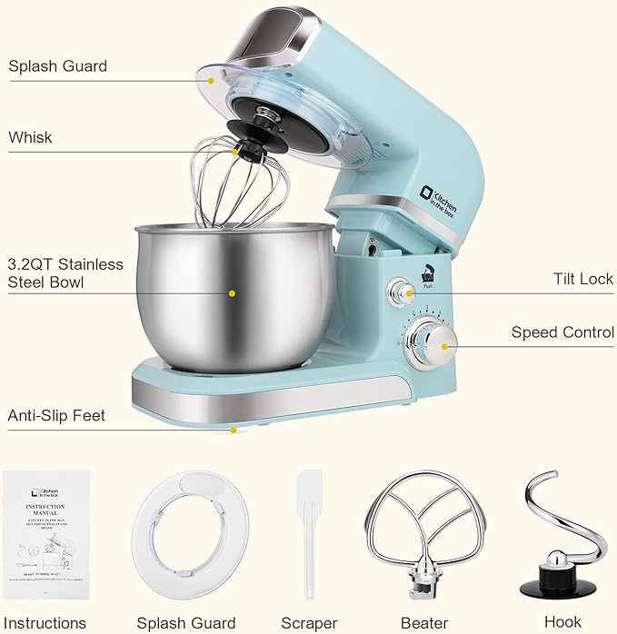 Kitchen in the box Stand Mixer,3.2Qt Small Electric Food Mixer,6 Speeds Portable Lightweight Kitchen Mixer for Daily Use with Egg Whisk,Dough Hook,Flat Beater