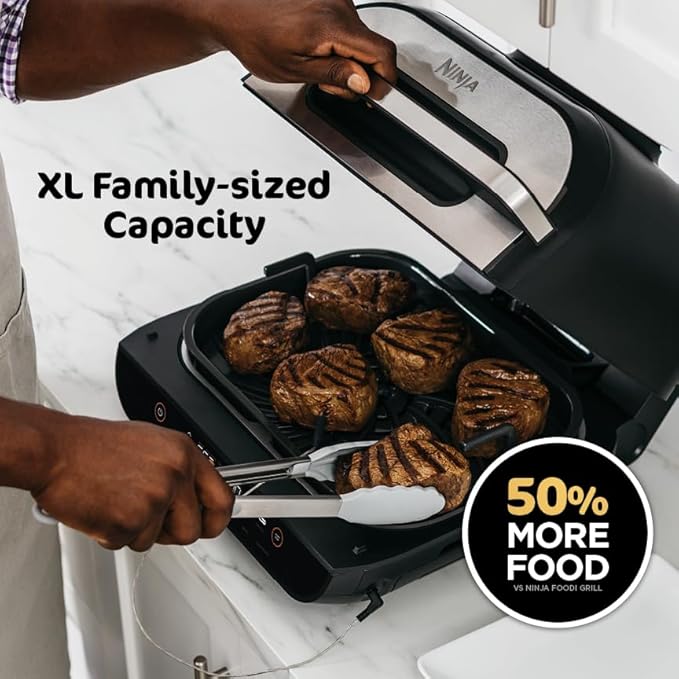 Ninja | Indoor Grill and Air Fryer| Foodi Smart XL | 6-in-1 Grill, Air Fry, Roast, Bake, Broil, Dehydrate & Crisp |Smart Thermometer & Splatter Shield | Dishwasher Safe Parts | Black/Silver | FG551
