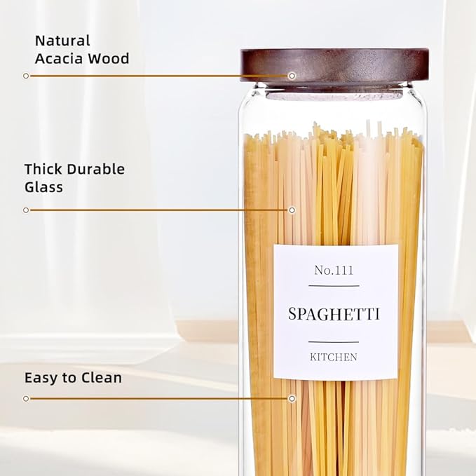 Tzerotone Glass Pantry Storage Jars with Acacia Airtight Lid, 50 OZ Kitchen Canisters with Wood Lid and 132 Pantry Labels, Food Storage Containers Set of 3