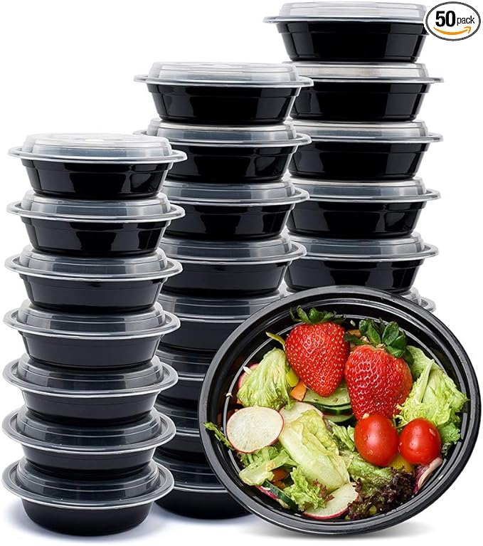 Glotoch Meal Prep Food Container 50 Pack, Disposable with Lids, Durable To Go Containers, for Takeout, Salad , Microwave Safe, BPA-Free, Stackable - 16 OZ