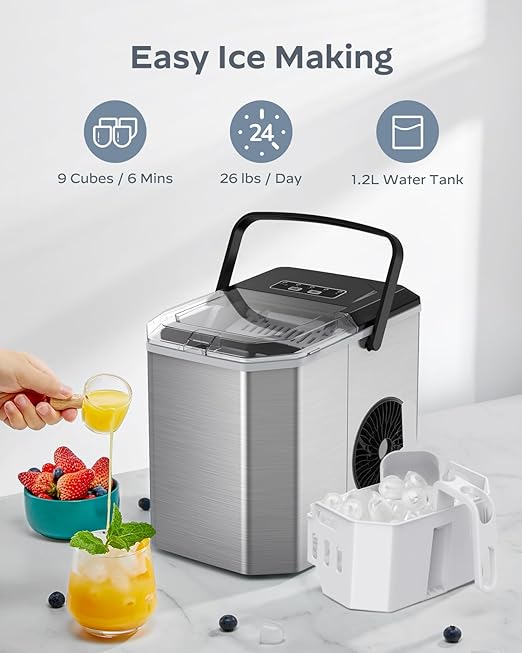 Silonn Ice Maker Countertop, Stainless Steel Portable Ice Machine with Carry Handle, Self-Cleaning Ice Makers with Basket and Scoop, 9 Cubes in 6 Mins, 26 lbs per Day, Stainless Steel